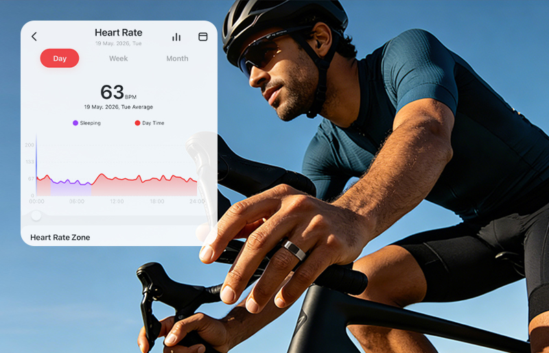 Cyclist wearing Vanberray Smart Ring with heart rate app panel