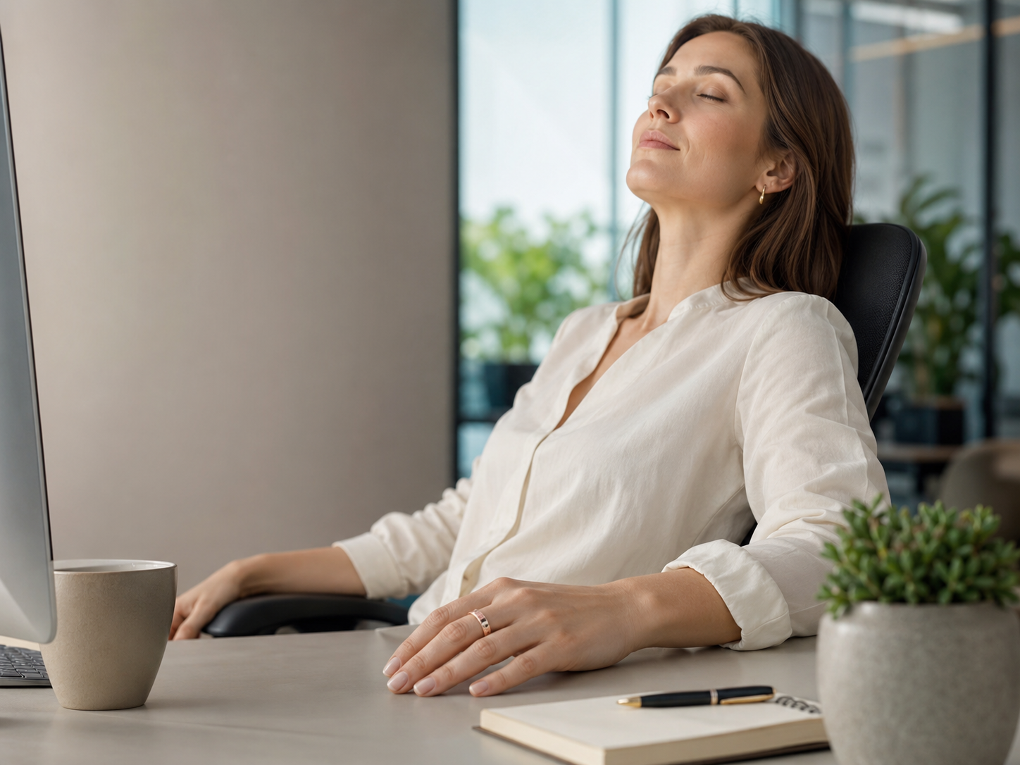 Elena sitting calmly in a workday setting