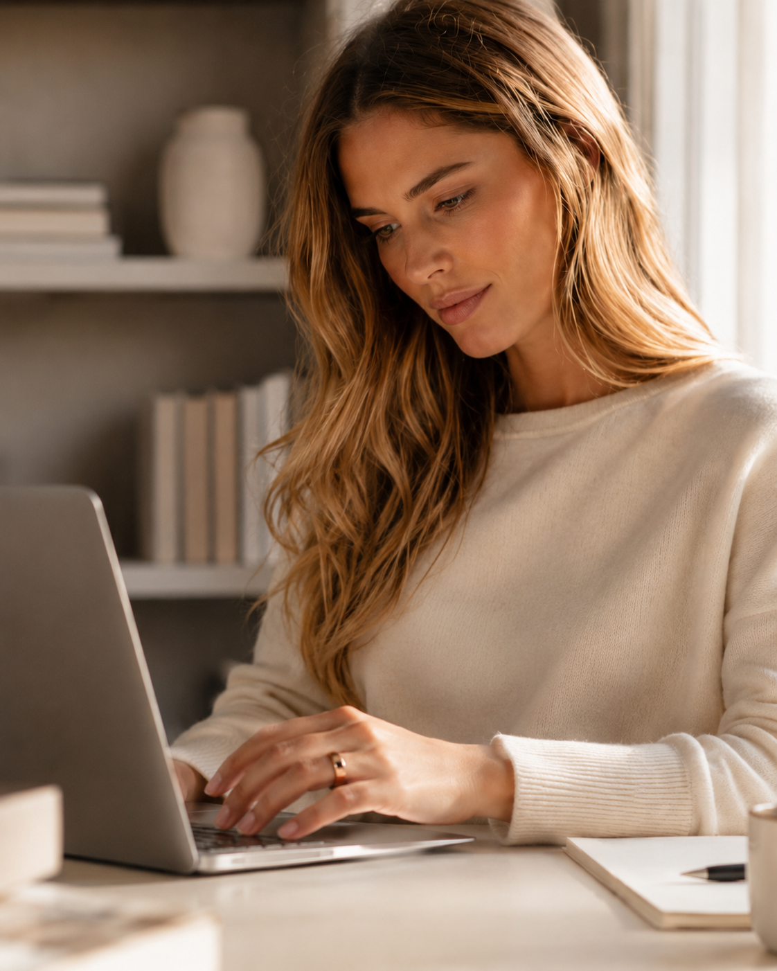A woman working at a laptop while wearing Well 1