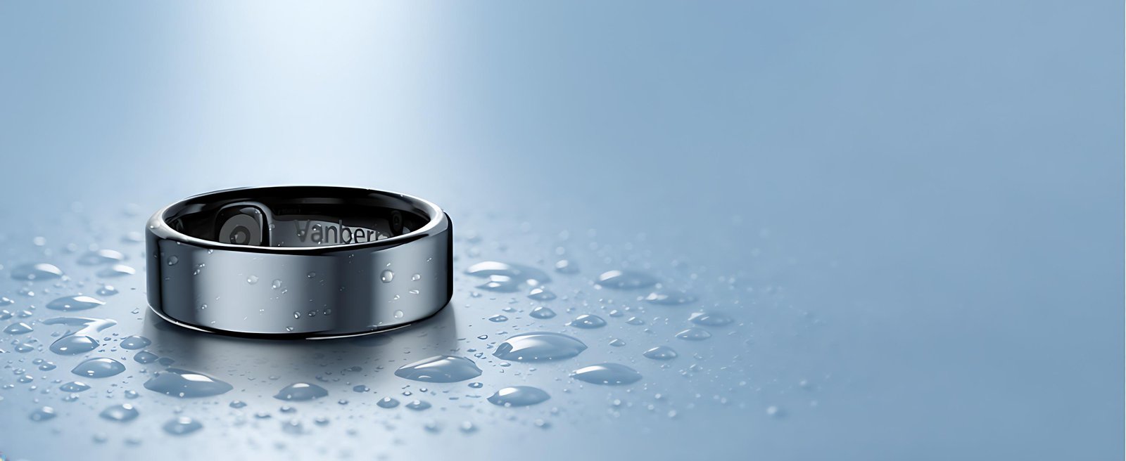 Gun blue Vanberray Smart Ring with water droplets on a light blue surface
